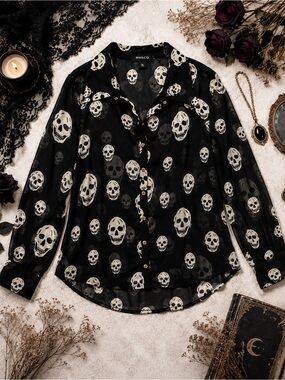 Mona B Skull Print Sheer Button Front Blouse | Gothic Whimsigoth Top